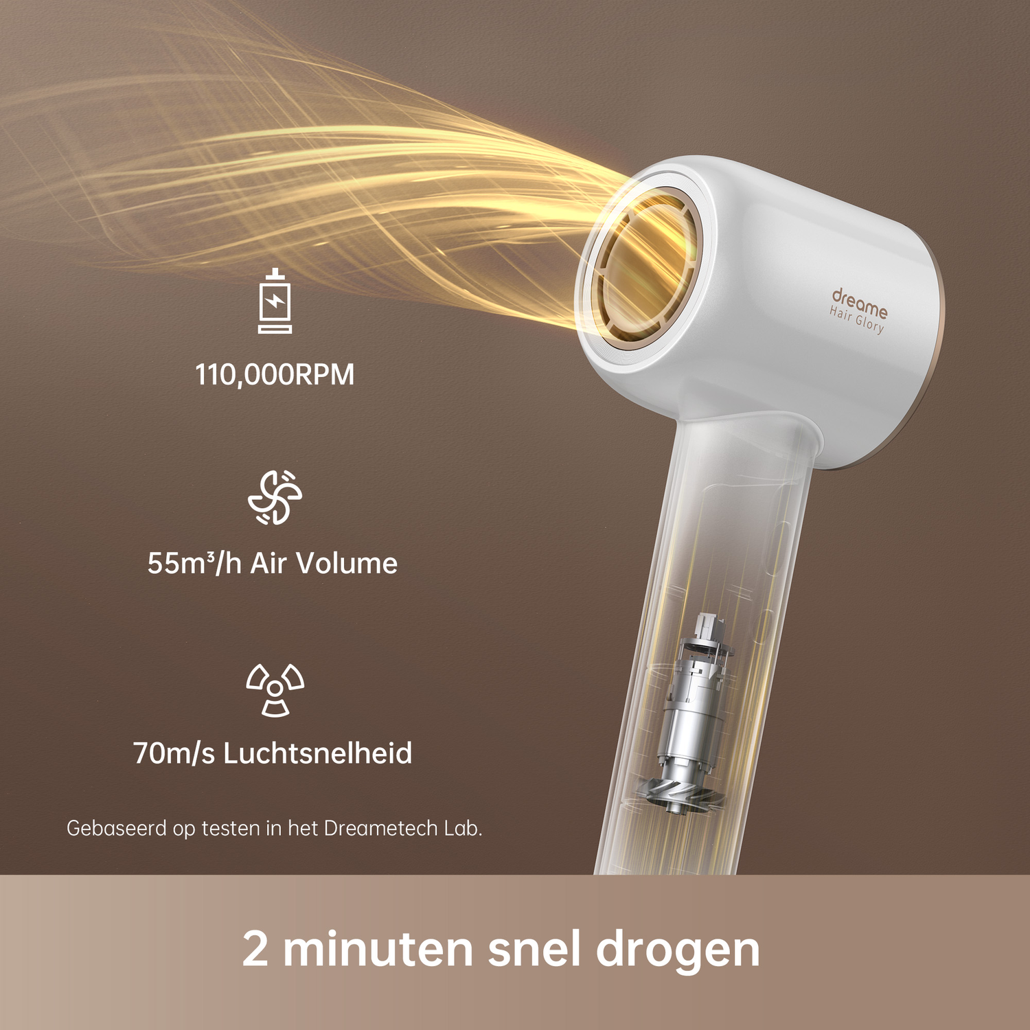 A white and gold hairdryer is shown with technical data and a graphic of air flow.