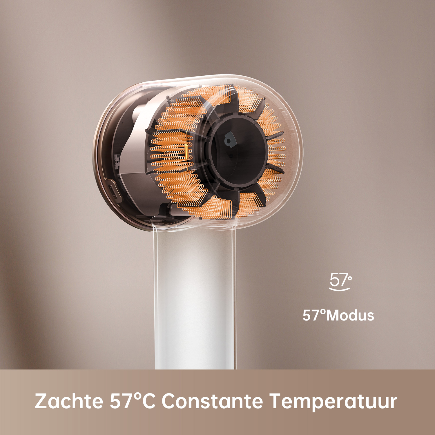 Hair dryer interior and handle, with 57 degrees Celsius constant temperature.