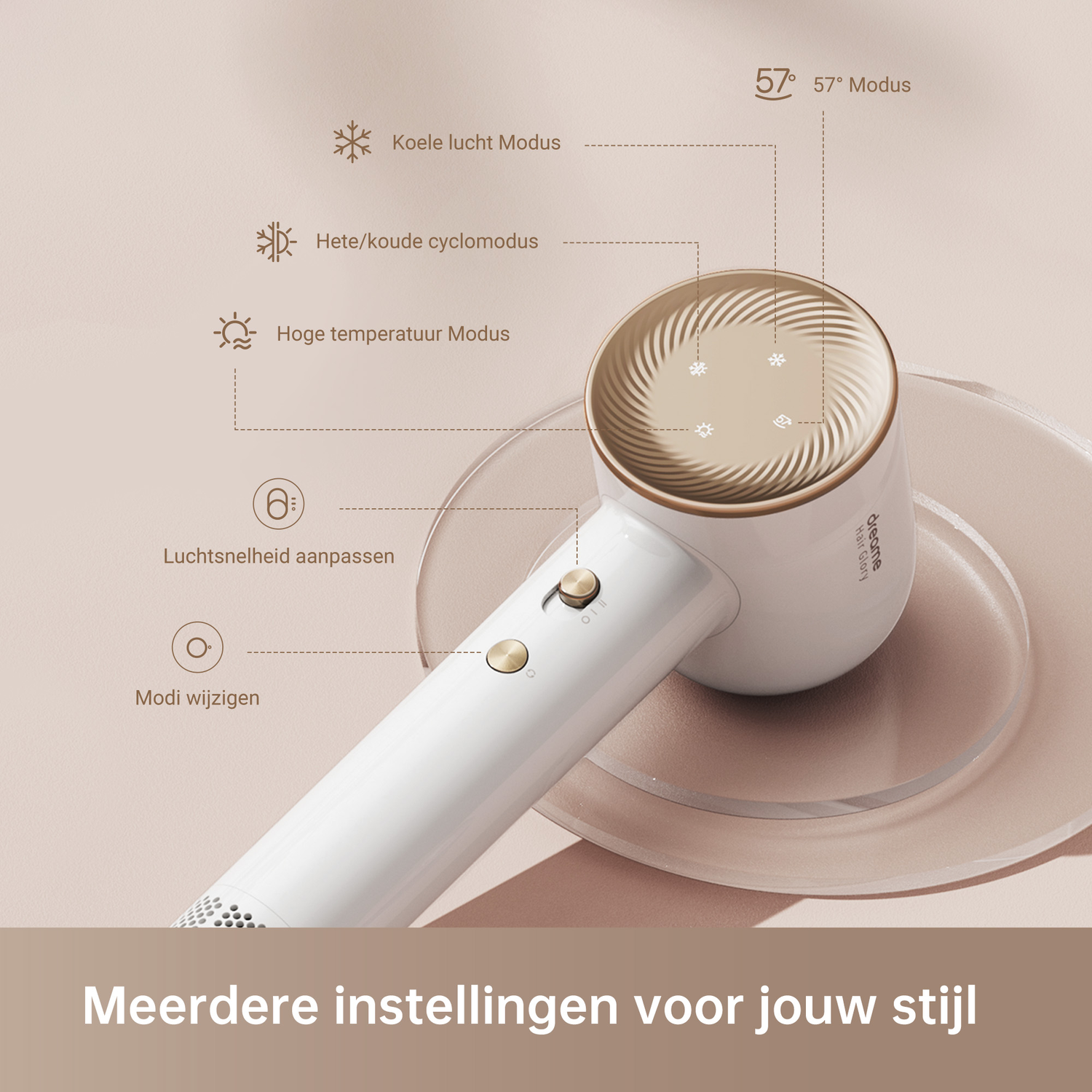 A white and gold hairdryer with control buttons and a diagram of settings. Text: 'Meerdere instellingen voor jou stijl'.