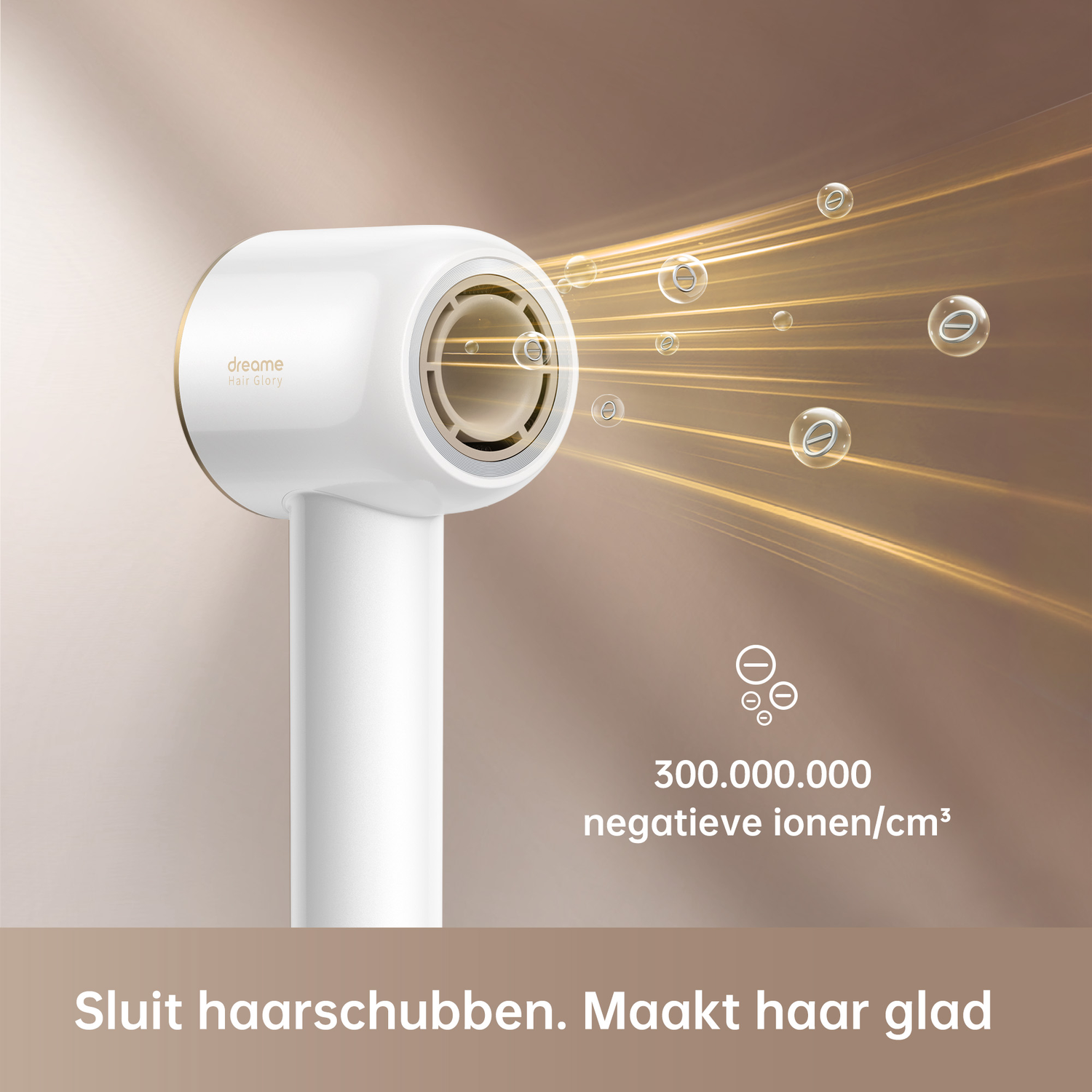 White hair dryer with gold accents, showing air flow with negative ions.