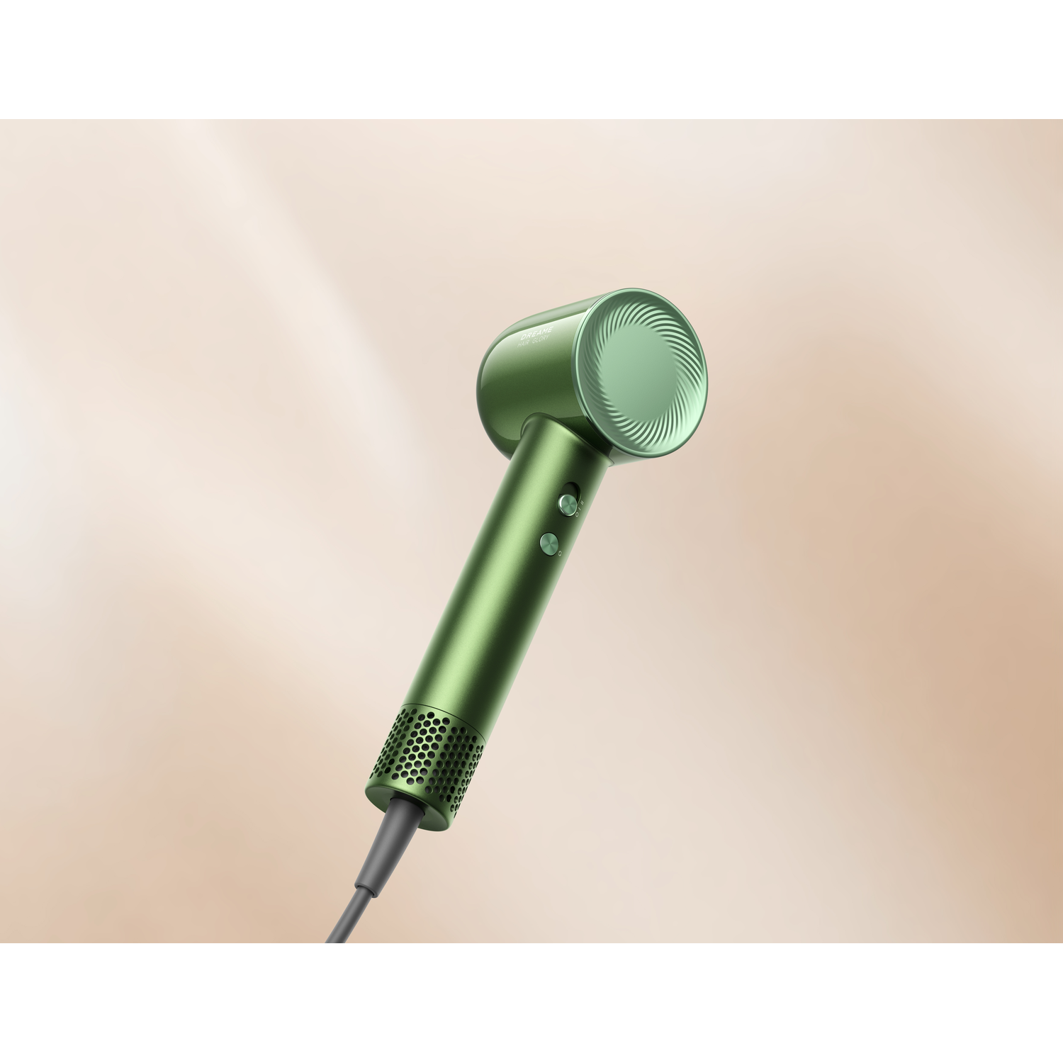 Green hairdryer with a black cord. It's angled against a blurry tan background.
