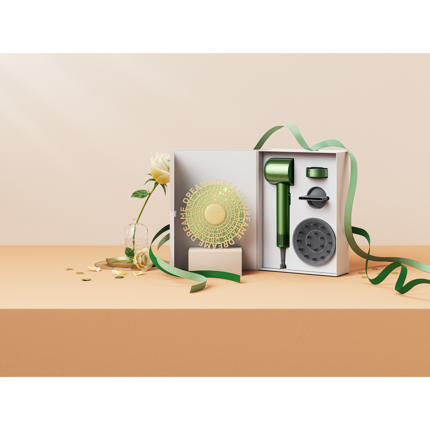 A gift box with a green hairdryer, accessories and a rose. A golden circle on a stand is also present.