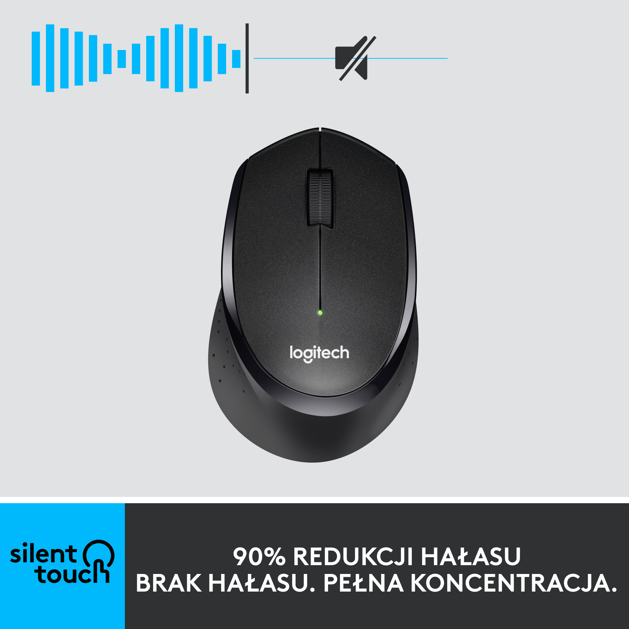 Czarna mysz Logitech, widok z góry. Tekst: "90% REDUKCJI HAŁASU" i "SILENT TOUCH".