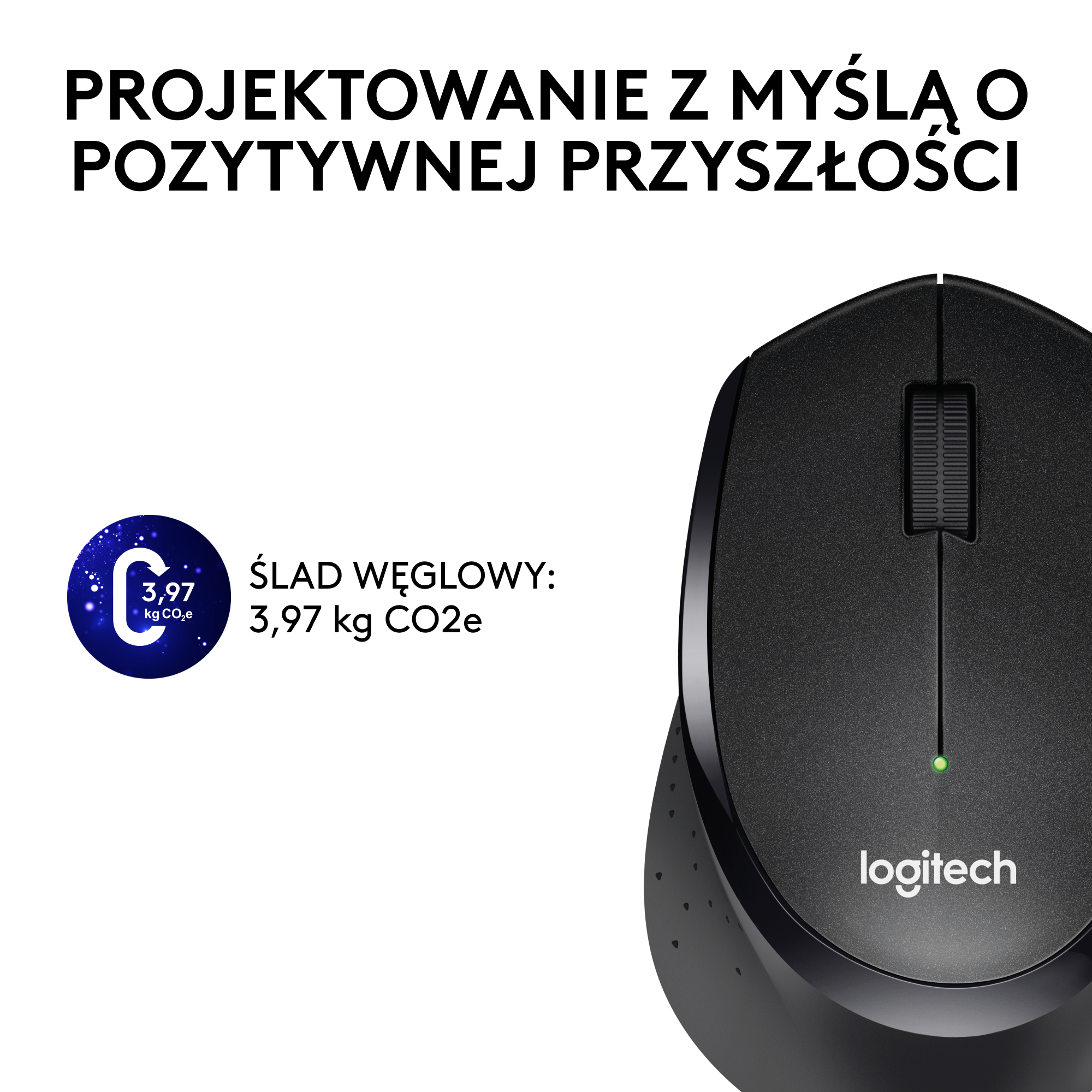 Czarna mysz Logitech z zielonym światłem. Pokazuje ślad węglowy: 3,97 kg CO2e.