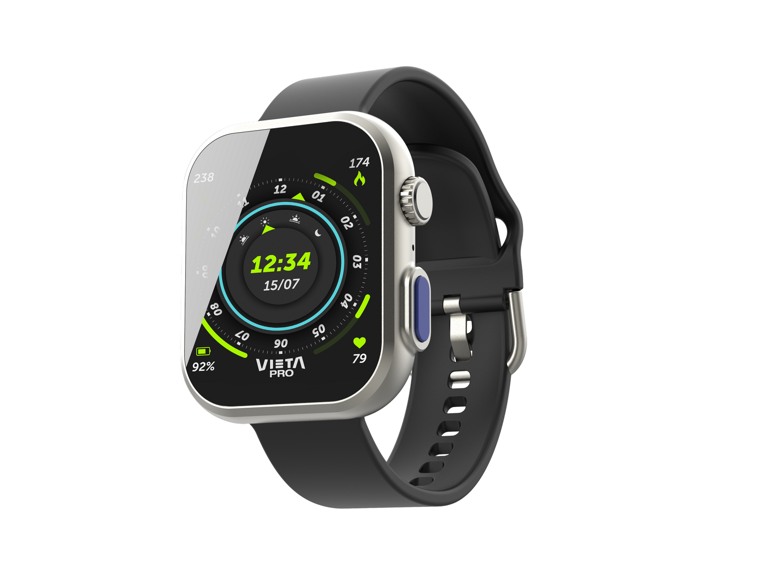 Un reloj inteligente con pantalla cuadrada y correa negra. La pantalla muestra la hora y datos.