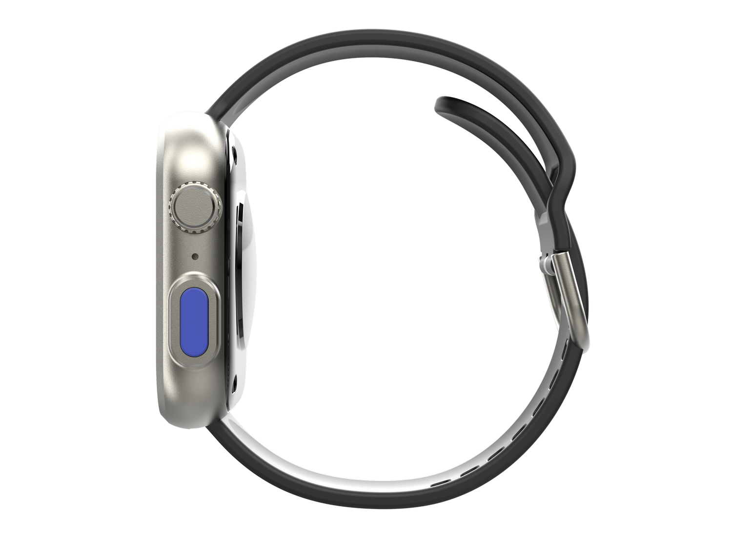 Vista lateral de un smartwatch plateado con correa negra; botón azul.
