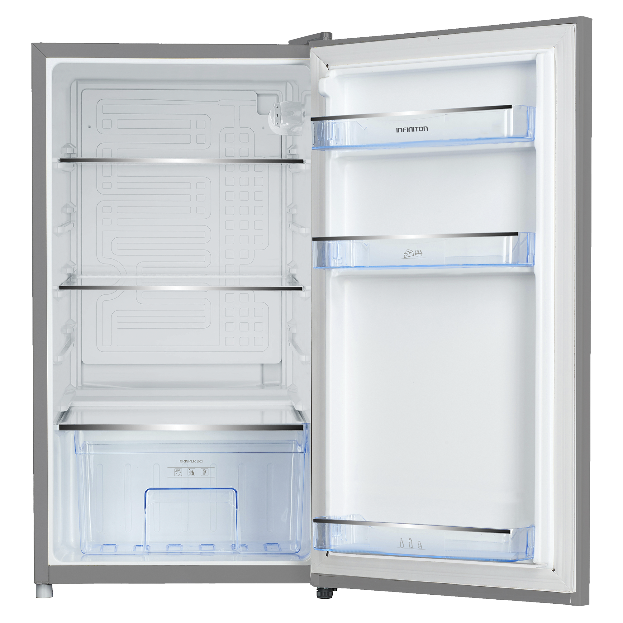El interior abierto de un refrigerador, mostrando estantes, cajones y el interior de la puerta.