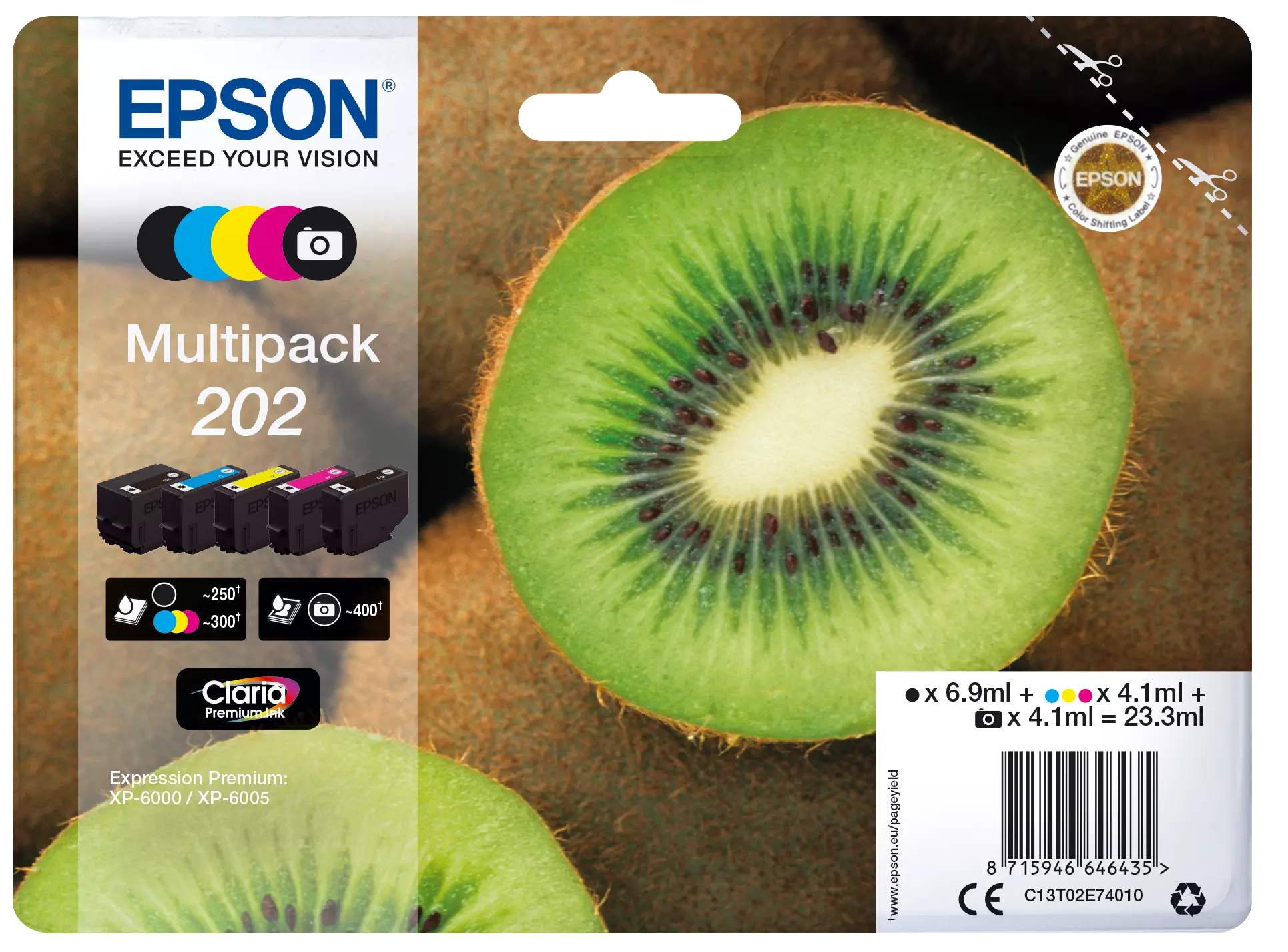 Egy kiwifelét és Epson tintapatronokat, homályos kiwi háttér előtt.