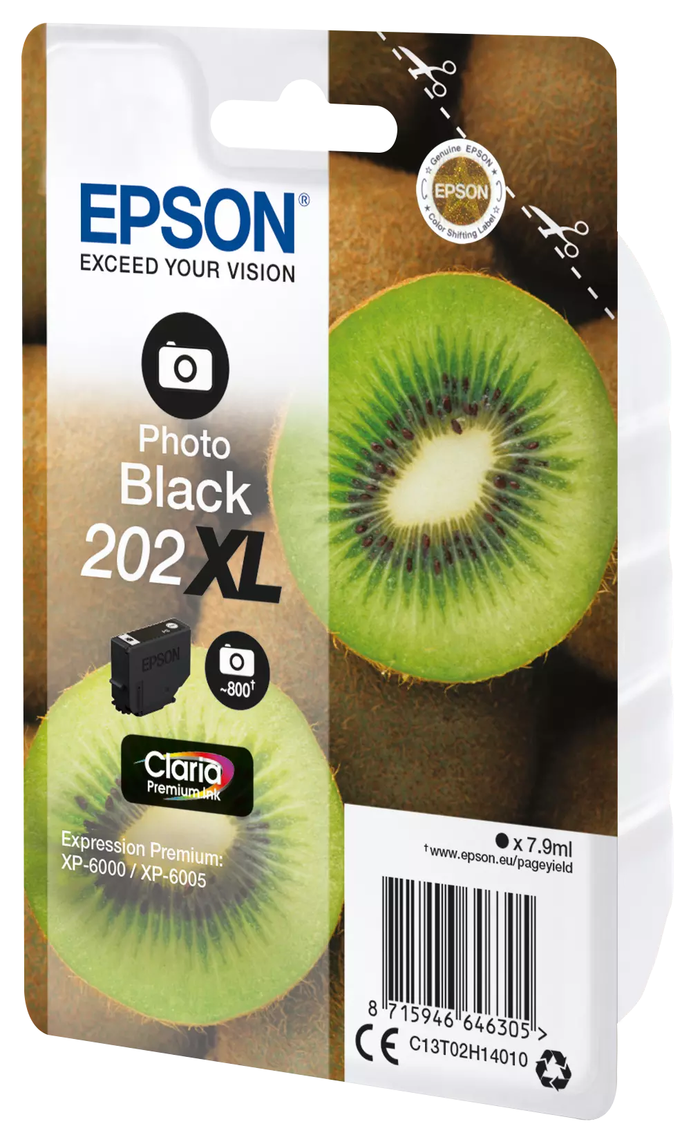 Epson tintapatron, fotó fekete, kivi gyümölccsel és Epson logóval.