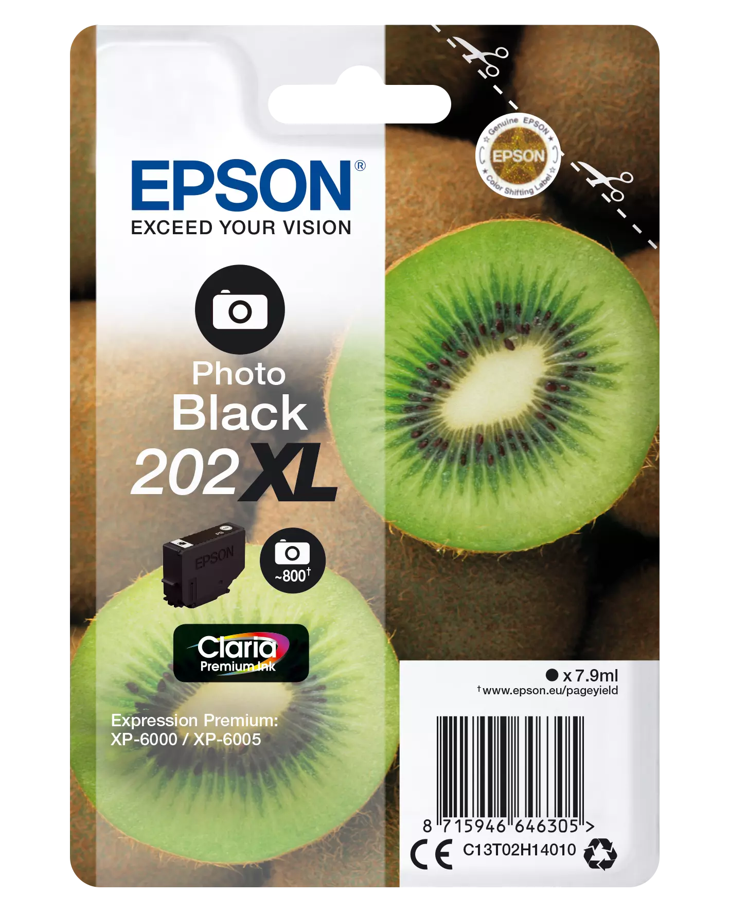 Epson tintapatron doboz és egy kiviszelet szöveggel és kivigyümölcs háttérrel.
