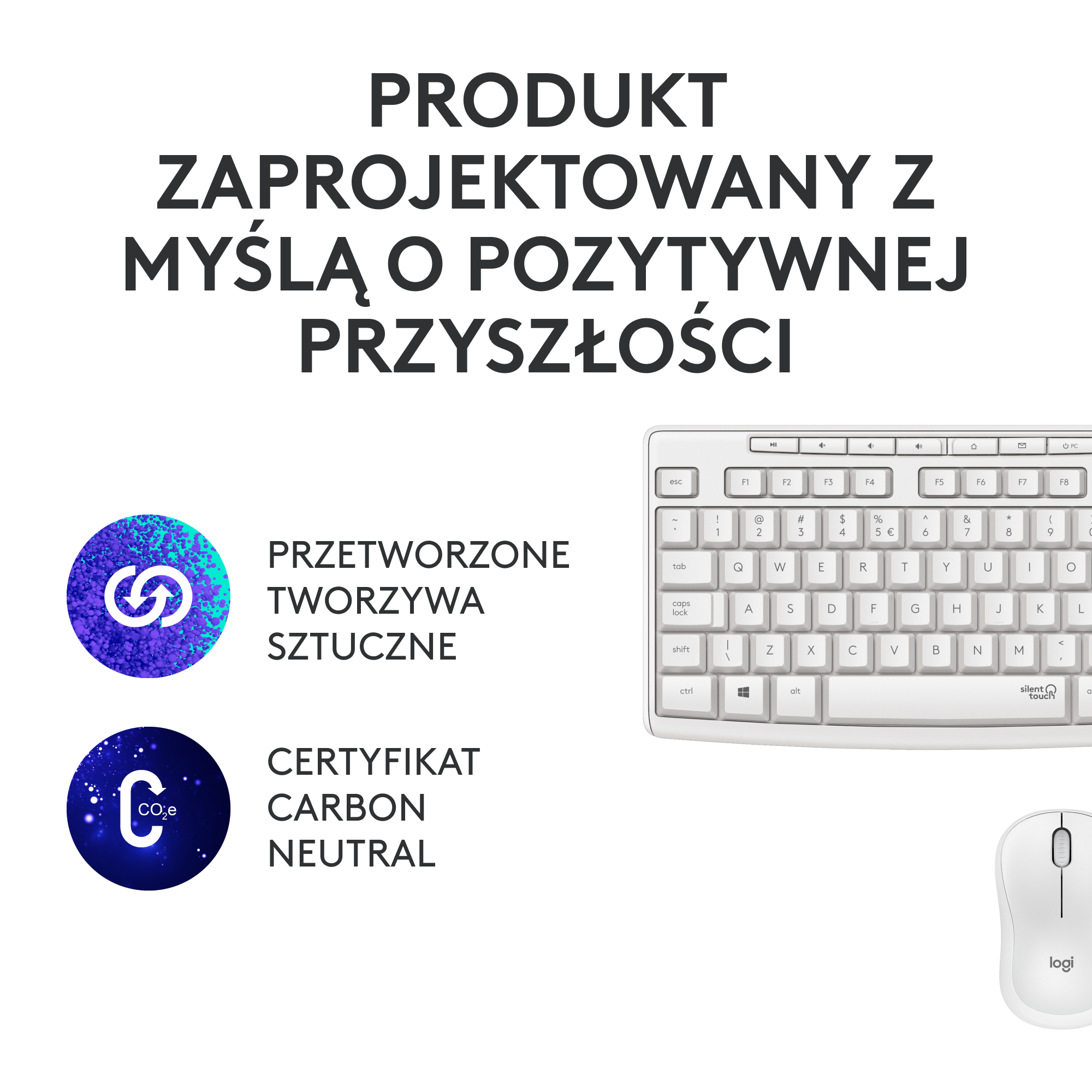 Zestaw białej klawiatury i myszy z tekstem o materiałach z recyklingu i neutralności węglowej.