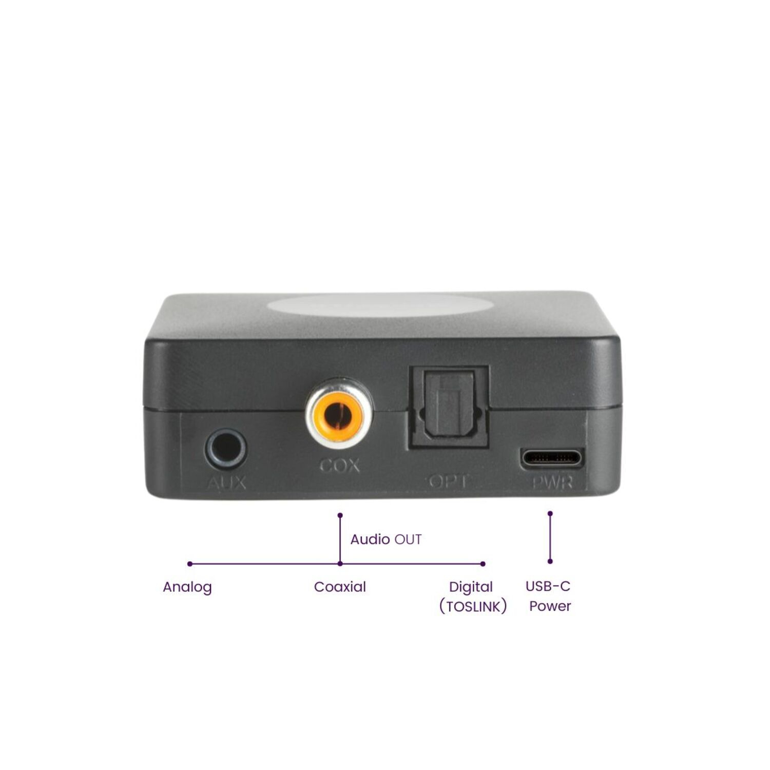 A black audio device with AUX, COAX, OPT, and PWR ports labeled on a white background.