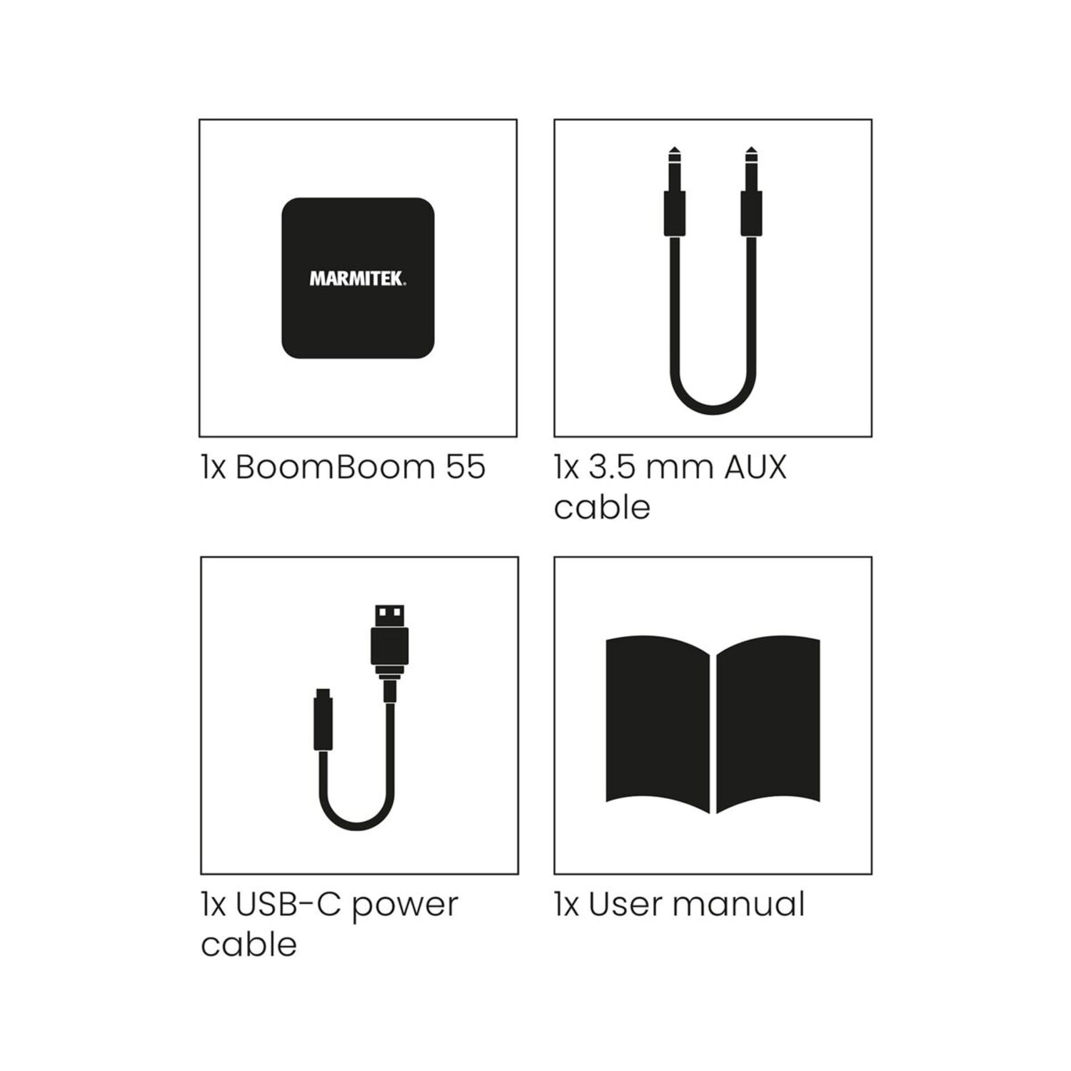 Diagram of Marmitek BoomBoom 55 with cable and book icons on a white background.