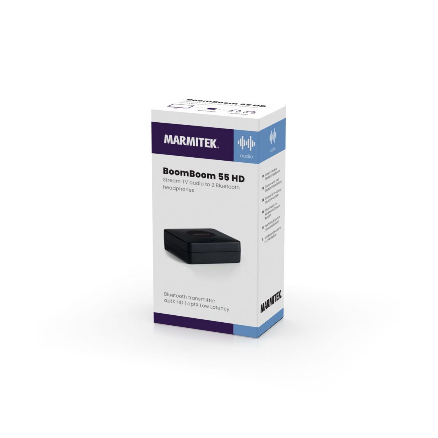 Box of "BoomBoom 55 HD" with a black device, white background, and text.
