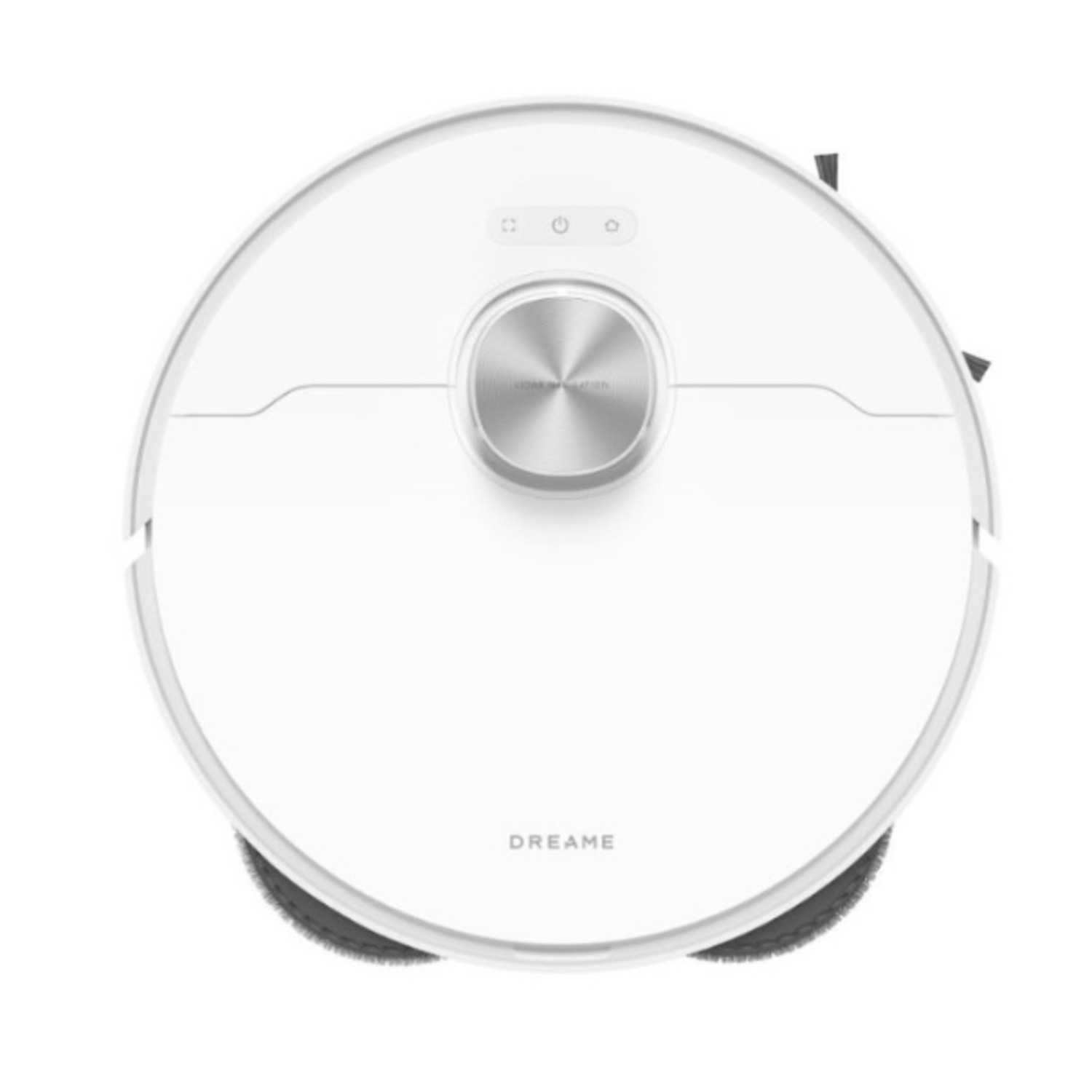 White robot vacuum cleaner, top view, with the word DREAME on it.