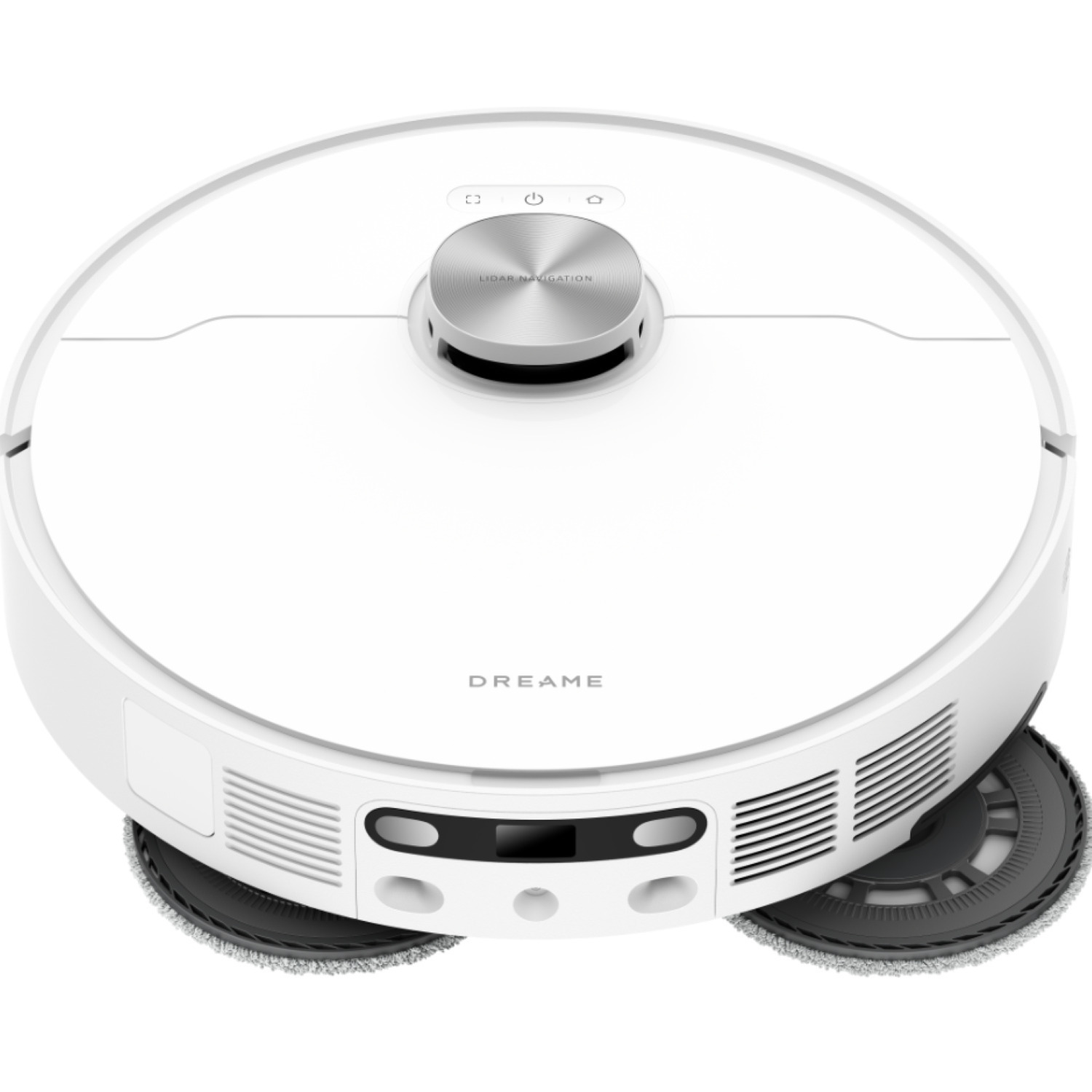 A white, round robot vacuum cleaner with a black cleaning head and silver top with buttons.
