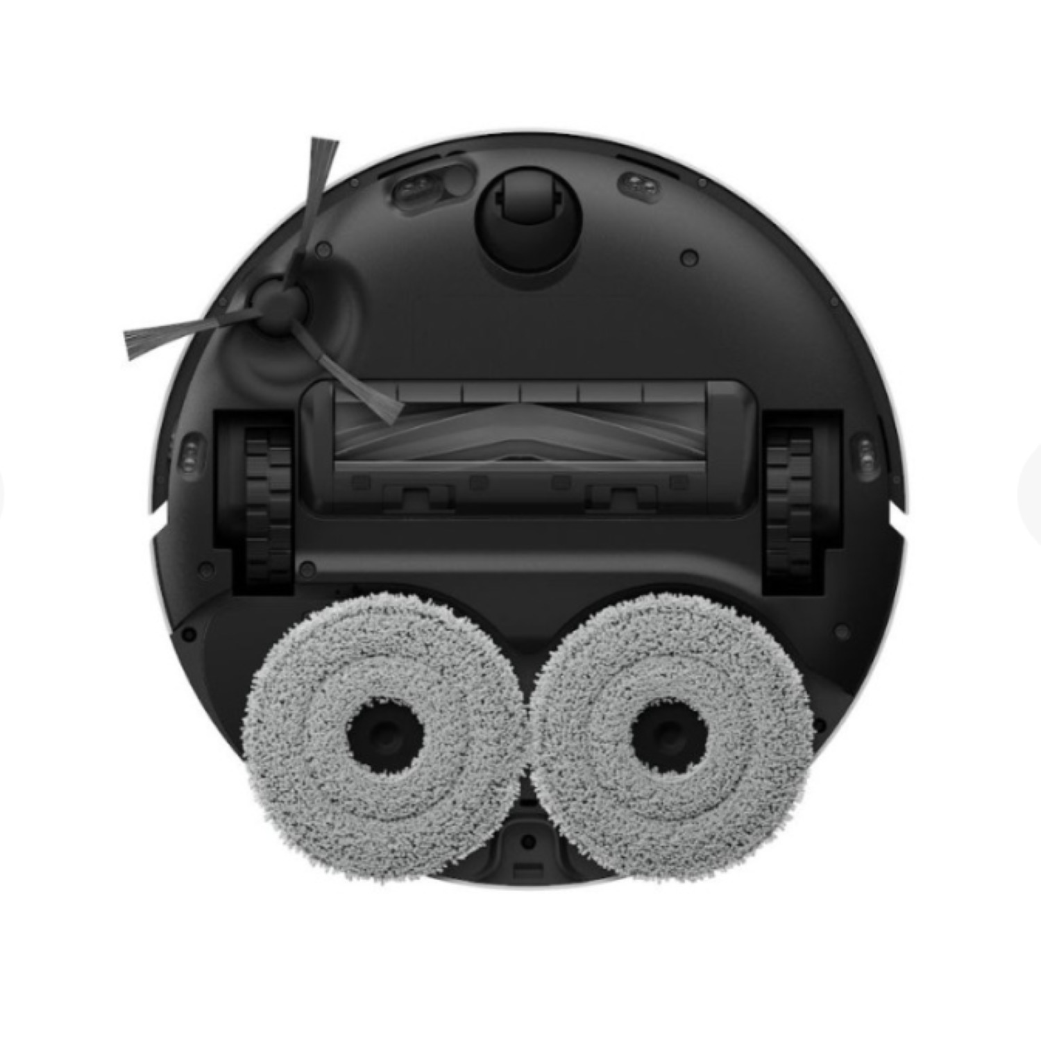 Robot vacuum cleaner, bottom view. Two mops and brushes are visible. White background.