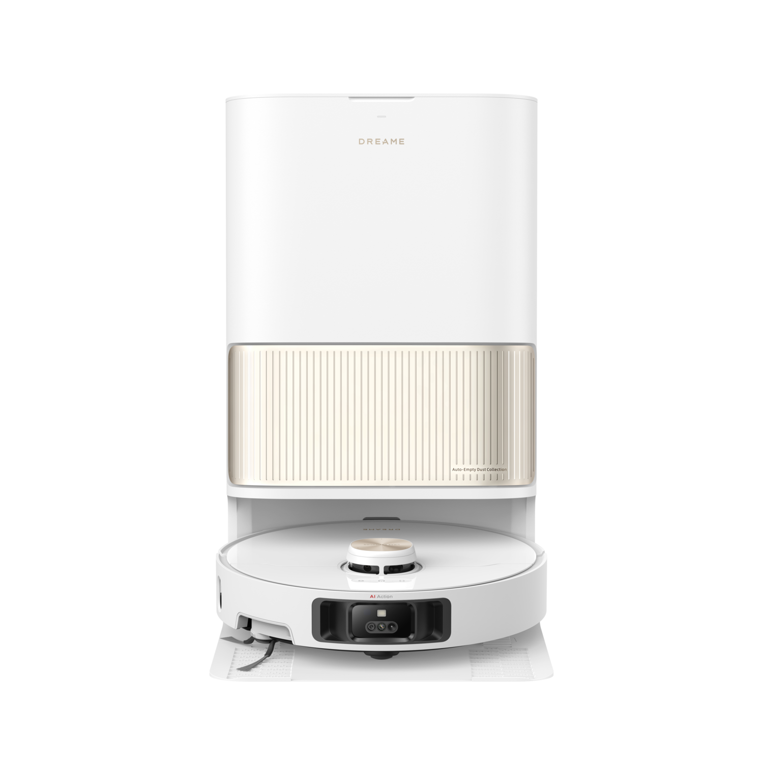 Witte stofzuigerrobot met een witte basis en gouden accenten.