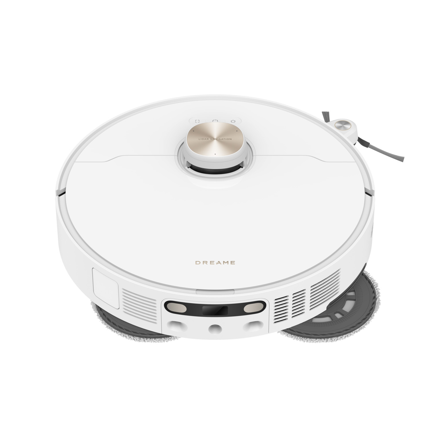 Een witte robotstofzuiger. Het heeft een cirkelvormige vorm met een centrale knop. De achtergrond is wit.