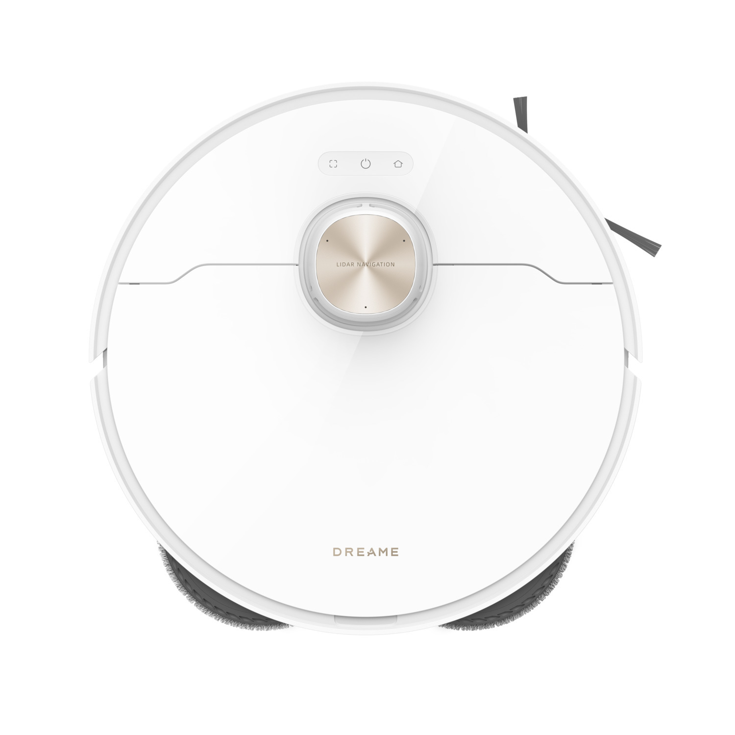 Witte robotstofzuiger, bovenaanzicht, met knoppen en een cirkelvormig ontwerp.