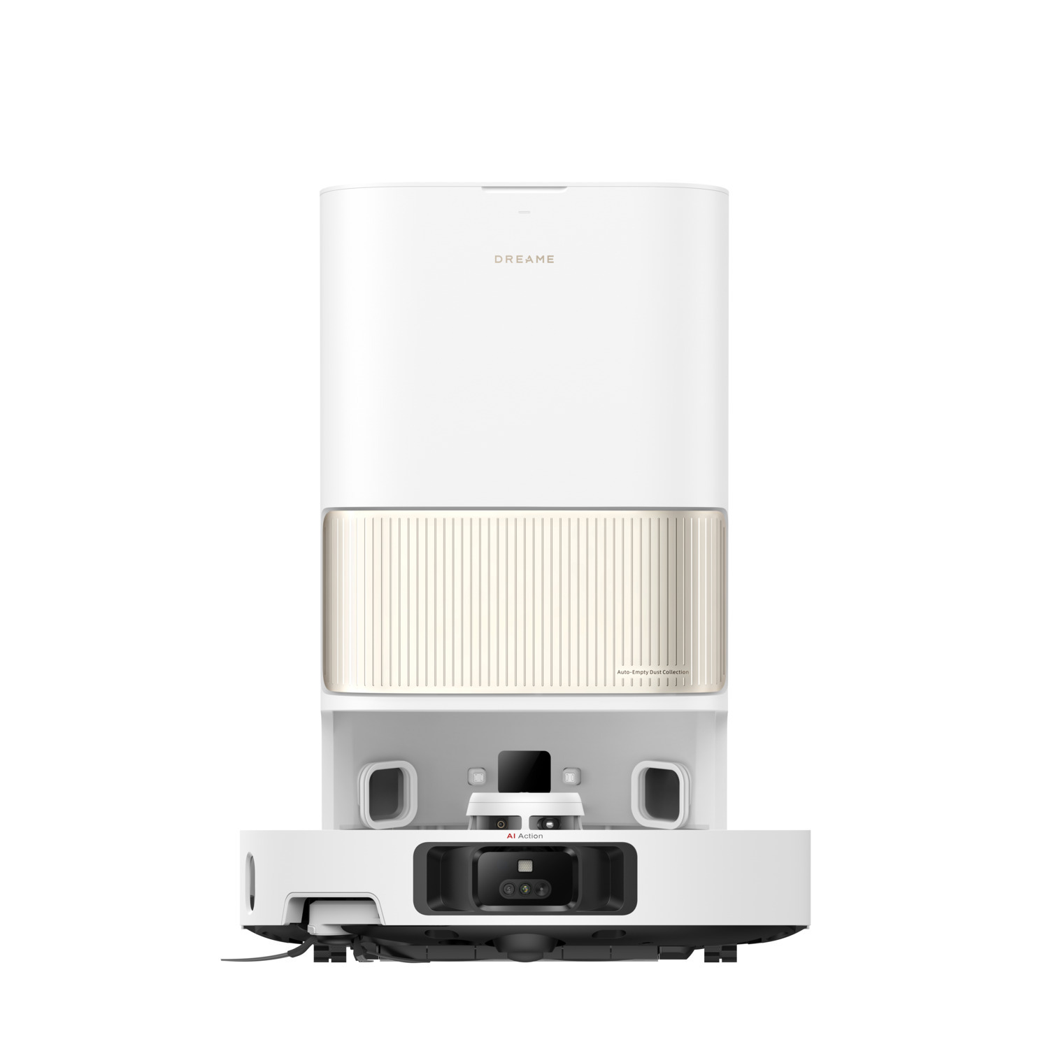 Wit en gouden robotstofzuiger. Het heeft een toren en een basis met AI.