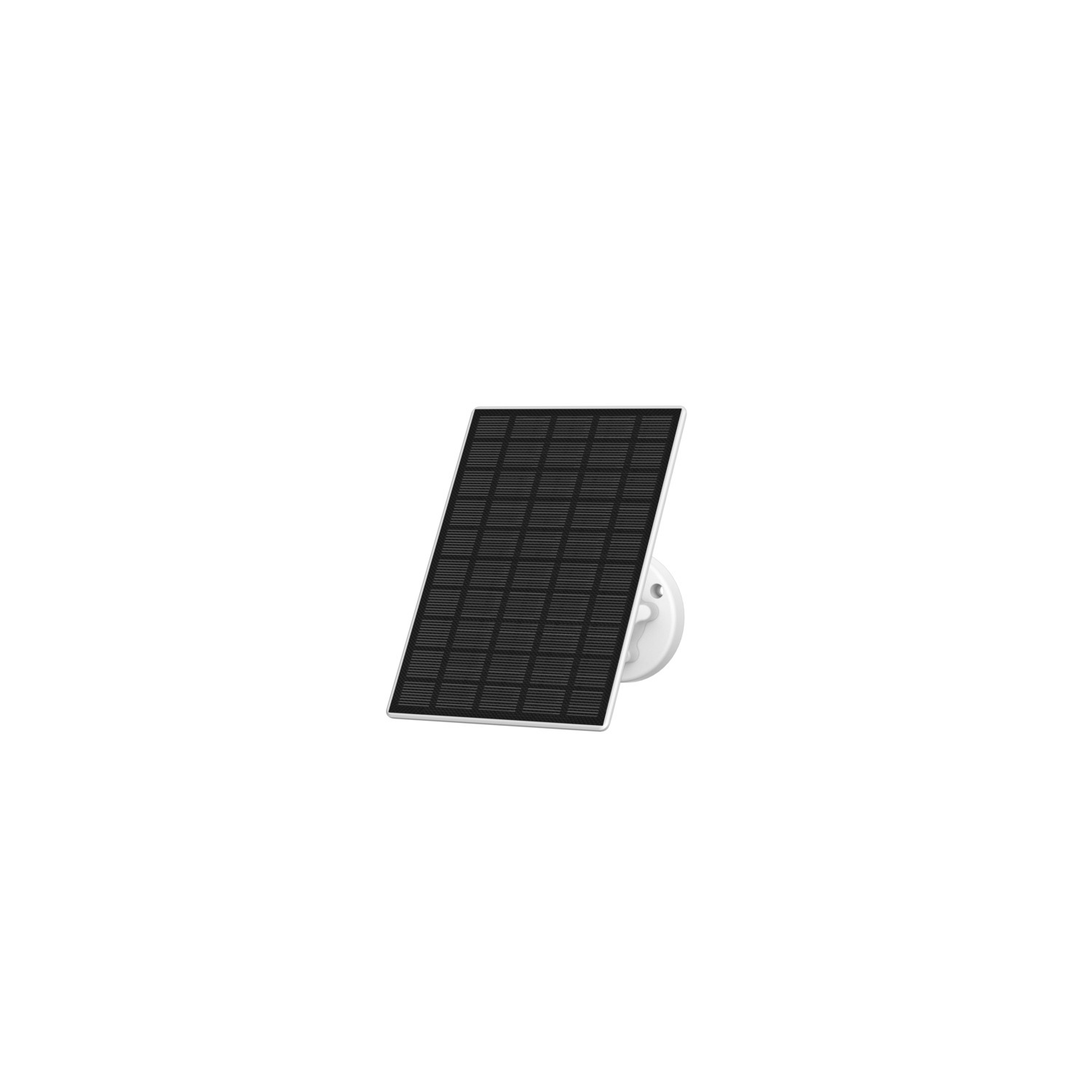 Solar panel, black grid on white background. It has a white bracket for mounting.