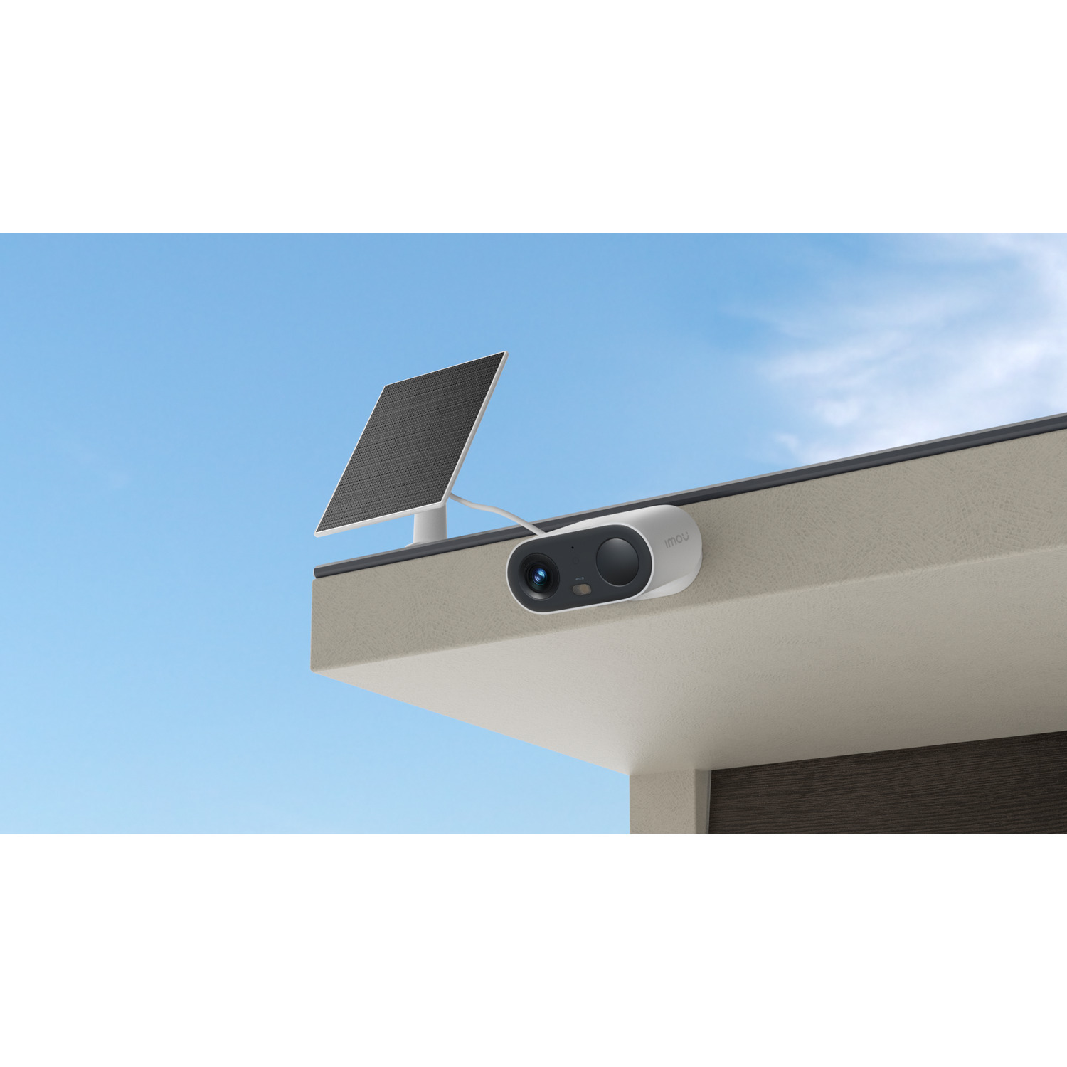 A white security camera with a solar panel attached, mounted on a building roof.