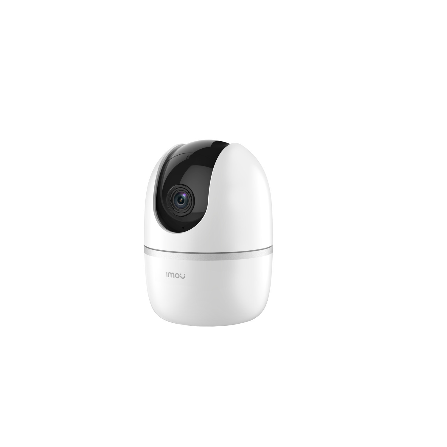 A white and black security camera. The camera has a dome-shaped top.