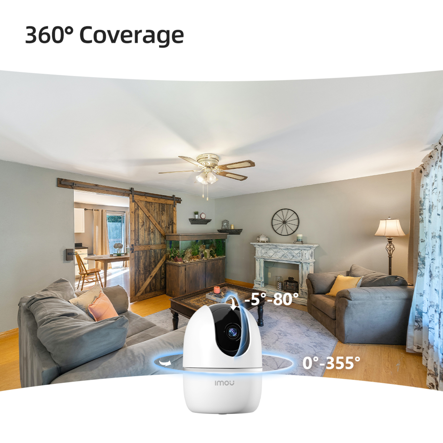 A security camera in a home, showing its 360 coverage range and the interior.