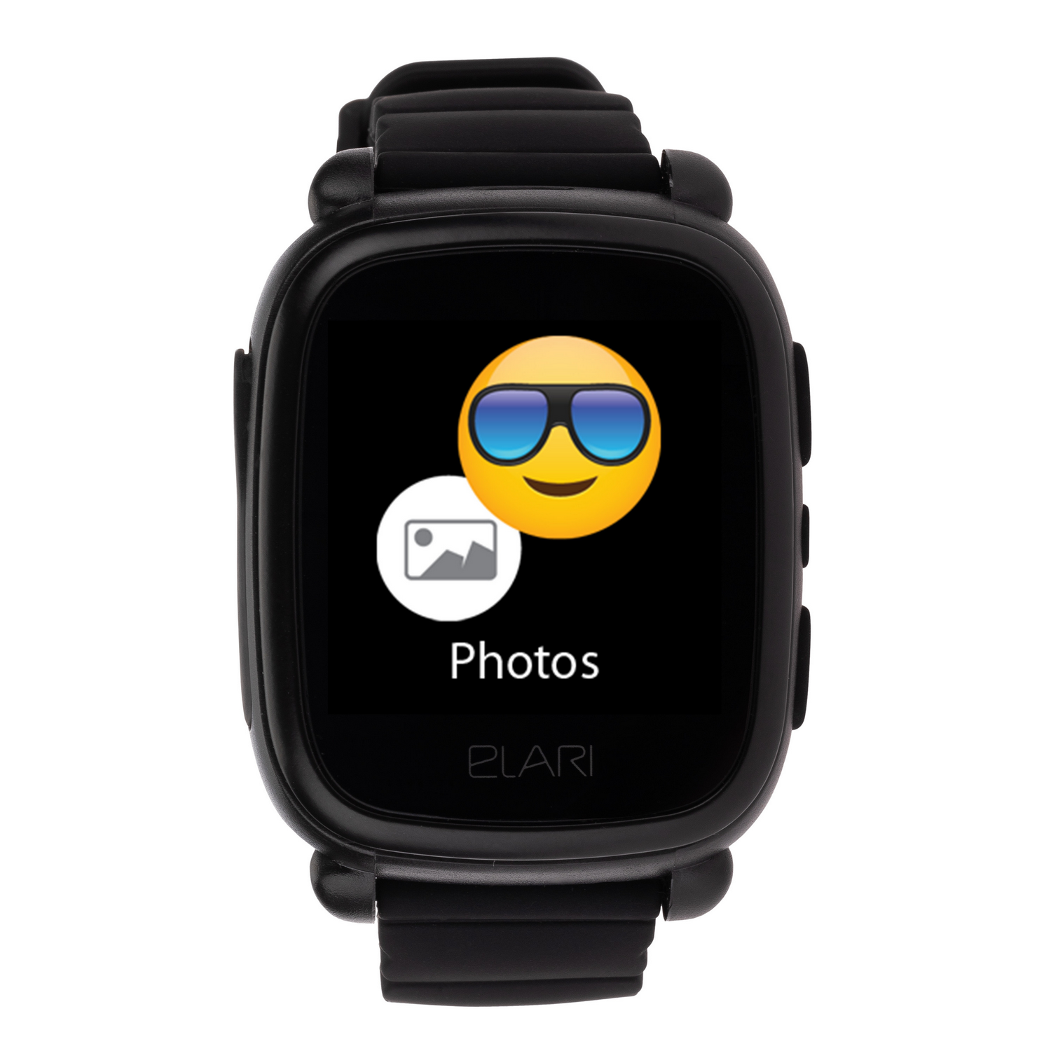 Un smartwatch negro con un emoji de cara sonriente con gafas de sol en la pantalla.