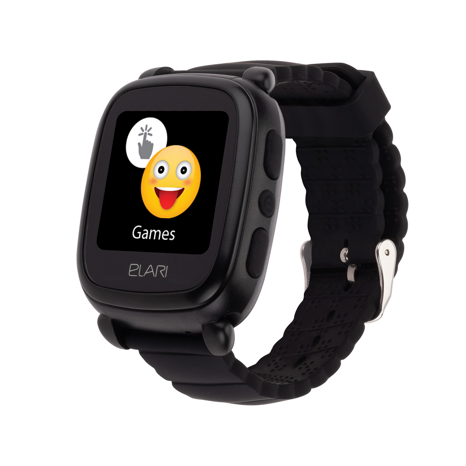 Se muestra un reloj inteligente negro con una correa negra.