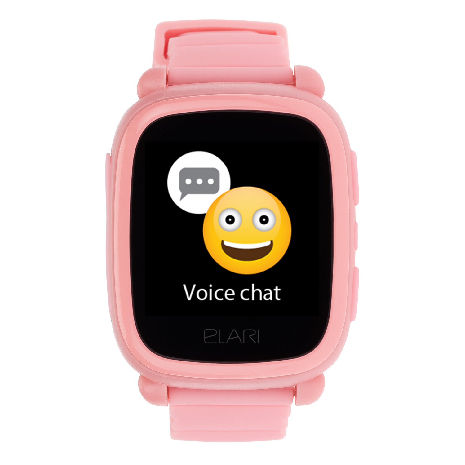 Un reloj inteligente rosa con un emoji. La esfera dice 'Chat de voz' con un icono de burbuja de diálogo.