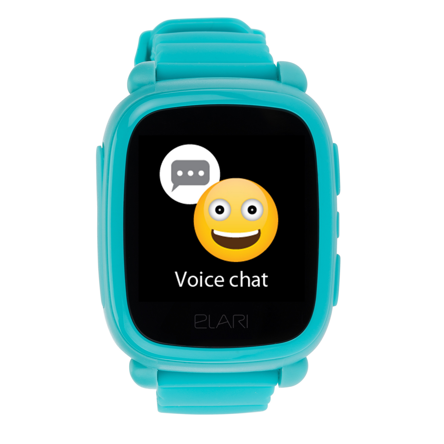 Reloj inteligente azul con pantalla que muestra una cara sonriente y las palabras 'Voice chat'.