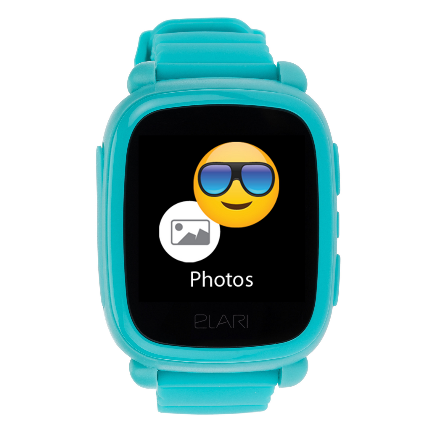 Smartwatch con caja azul, mostrando una carita sonriente con gafas de sol. Icono de la aplicación Fotos mostrado.