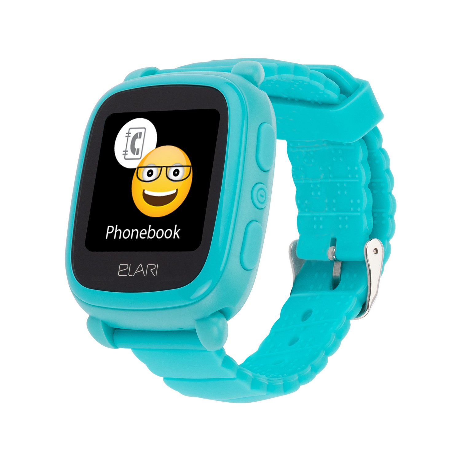 Smartwatch turquesa con una pantalla que muestra un icono de agenda telefónica.