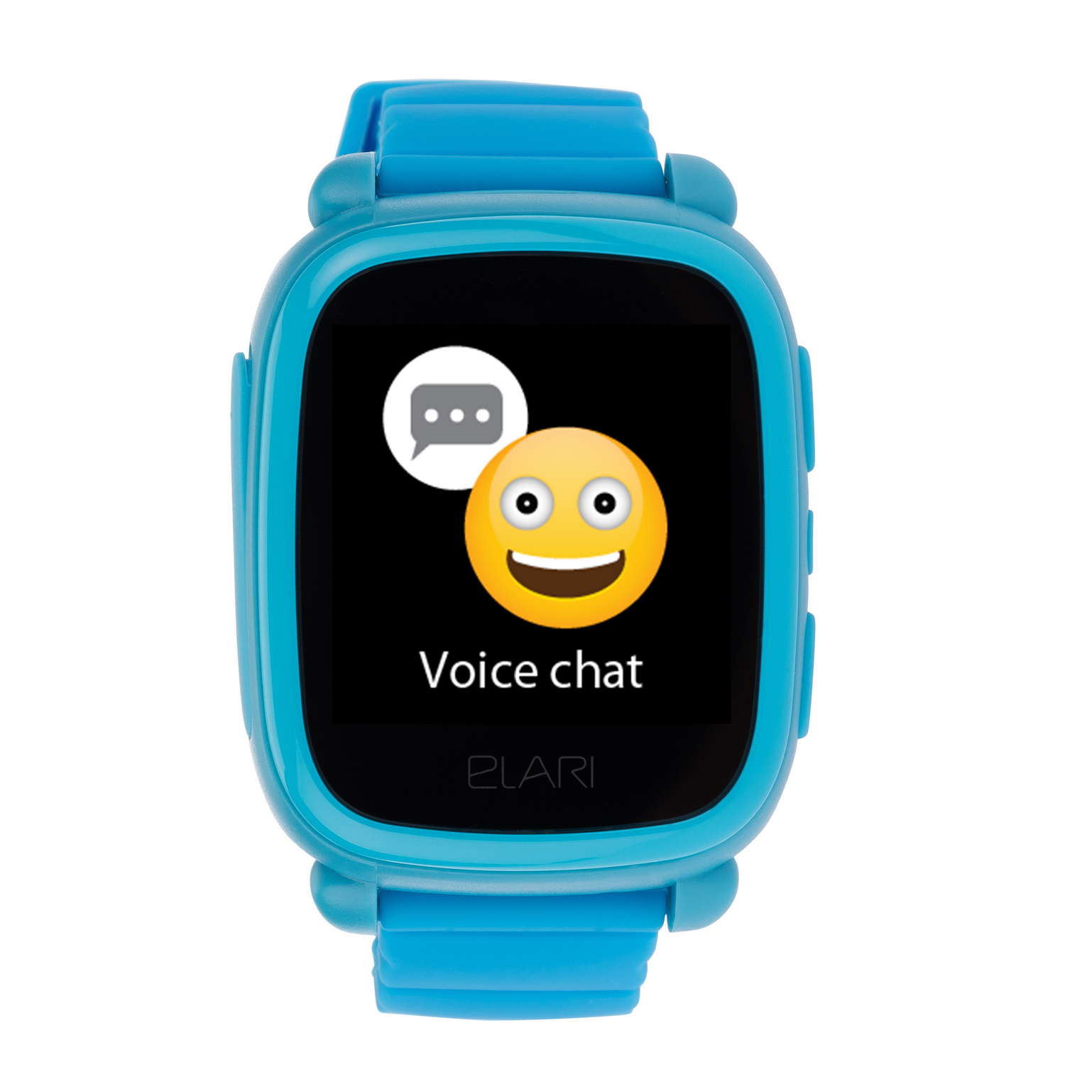 Smartwatch azul con pantalla que muestra un icono de chat de voz y un emoji sonriente.