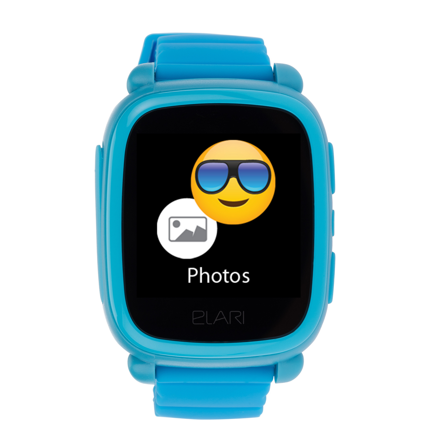 Un smartwatch Elari azul con un emoji sonriente en la pantalla.