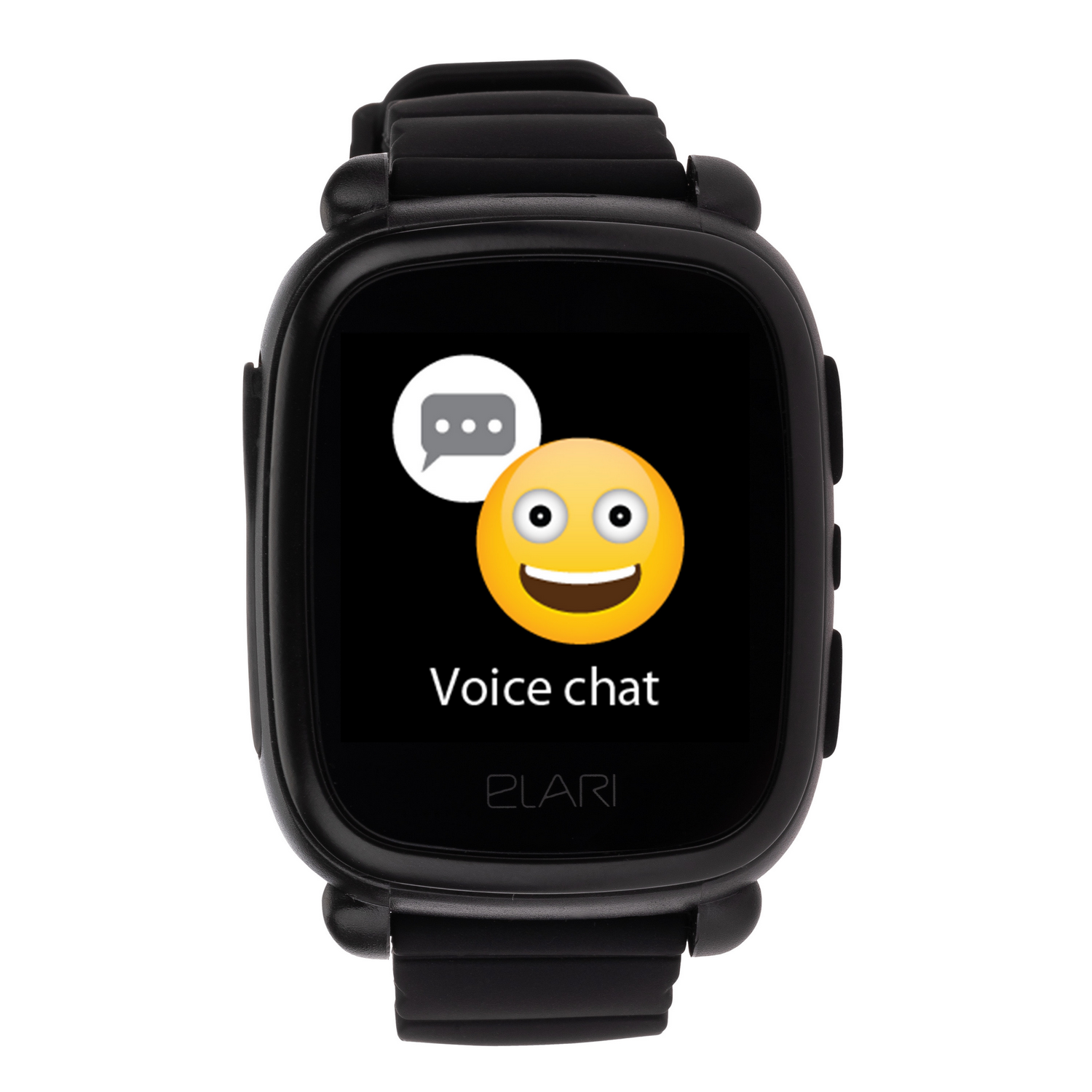 Un reloj inteligente negro con una pantalla que muestra una burbuja de chat y un emoji sonriente.