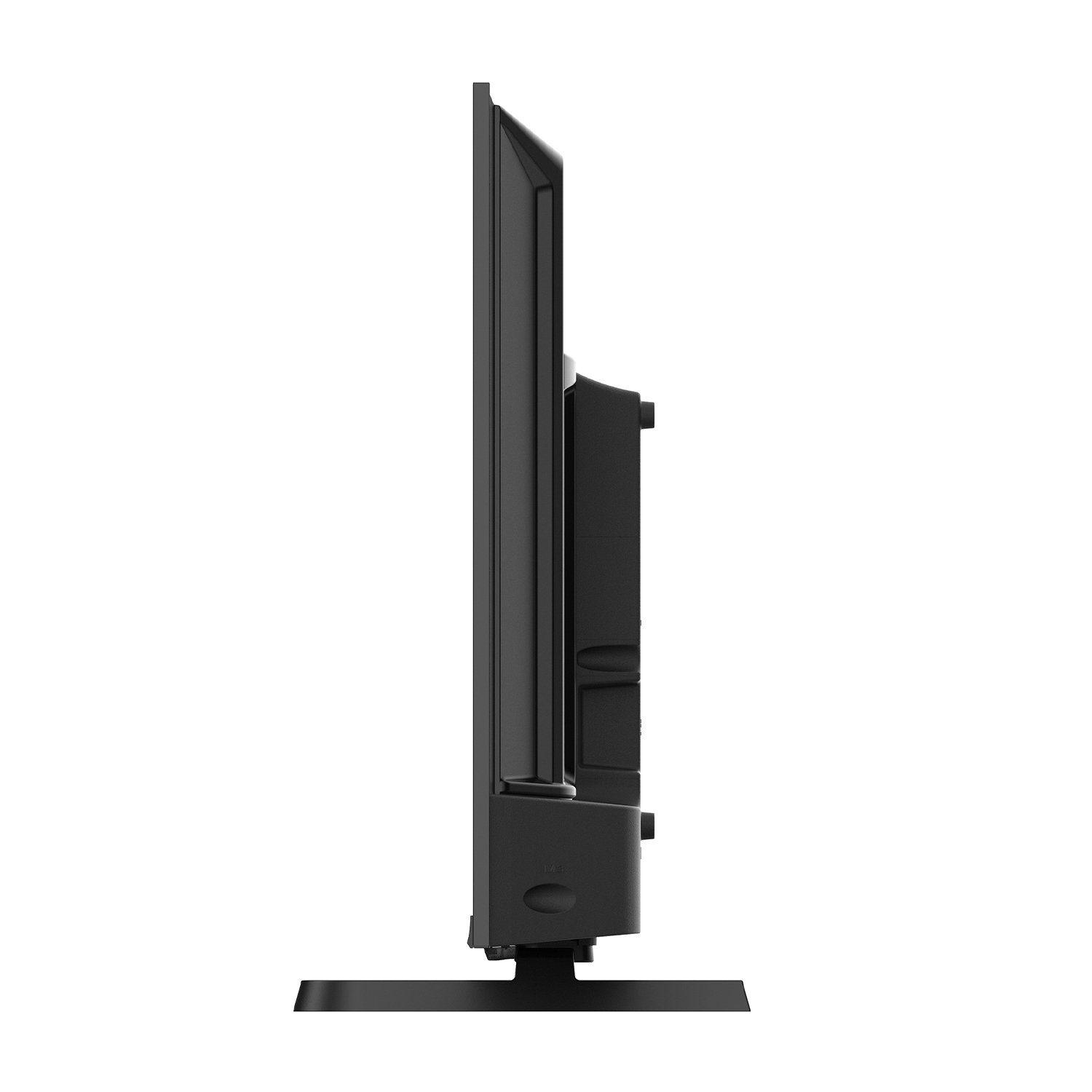 Una vista laterale di una TV a schermo piatto nera su un supporto, che mostra un design elegante e moderno.