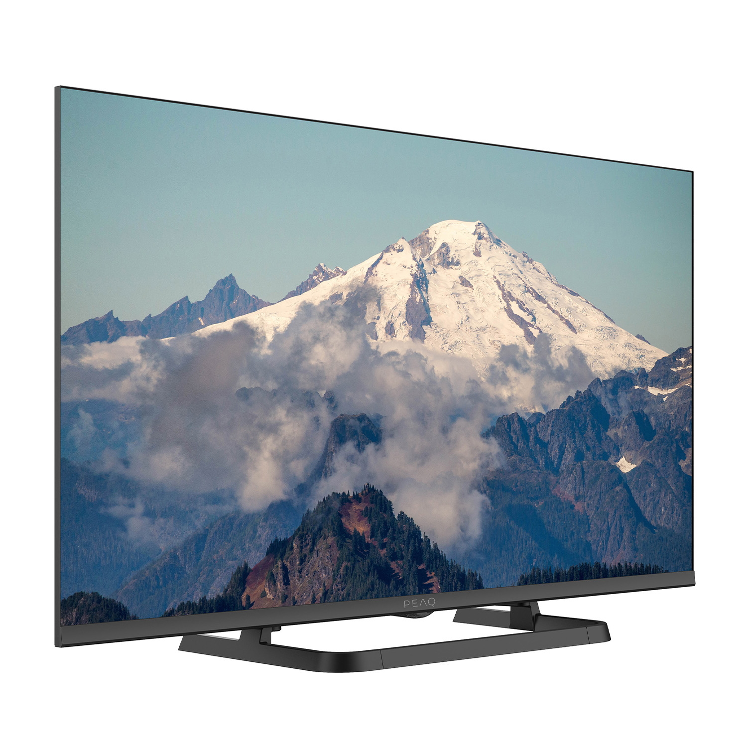 Schermo TV grande, che mostra una scena di montagna e cielo. La TV è su un supporto nero.