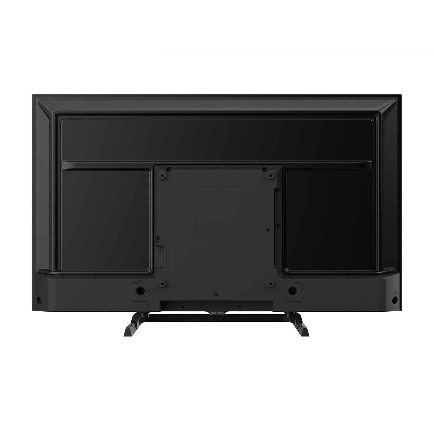 Vista posteriore di una TV nera con supporto su sfondo bianco.