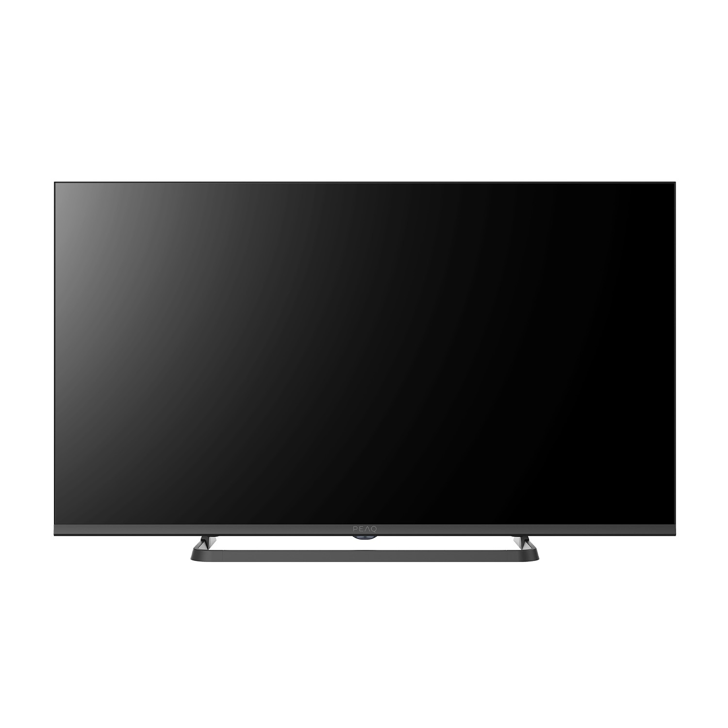 Una TV a schermo piatto con schermo nero su un supporto. Il marchio è PEAQ.
