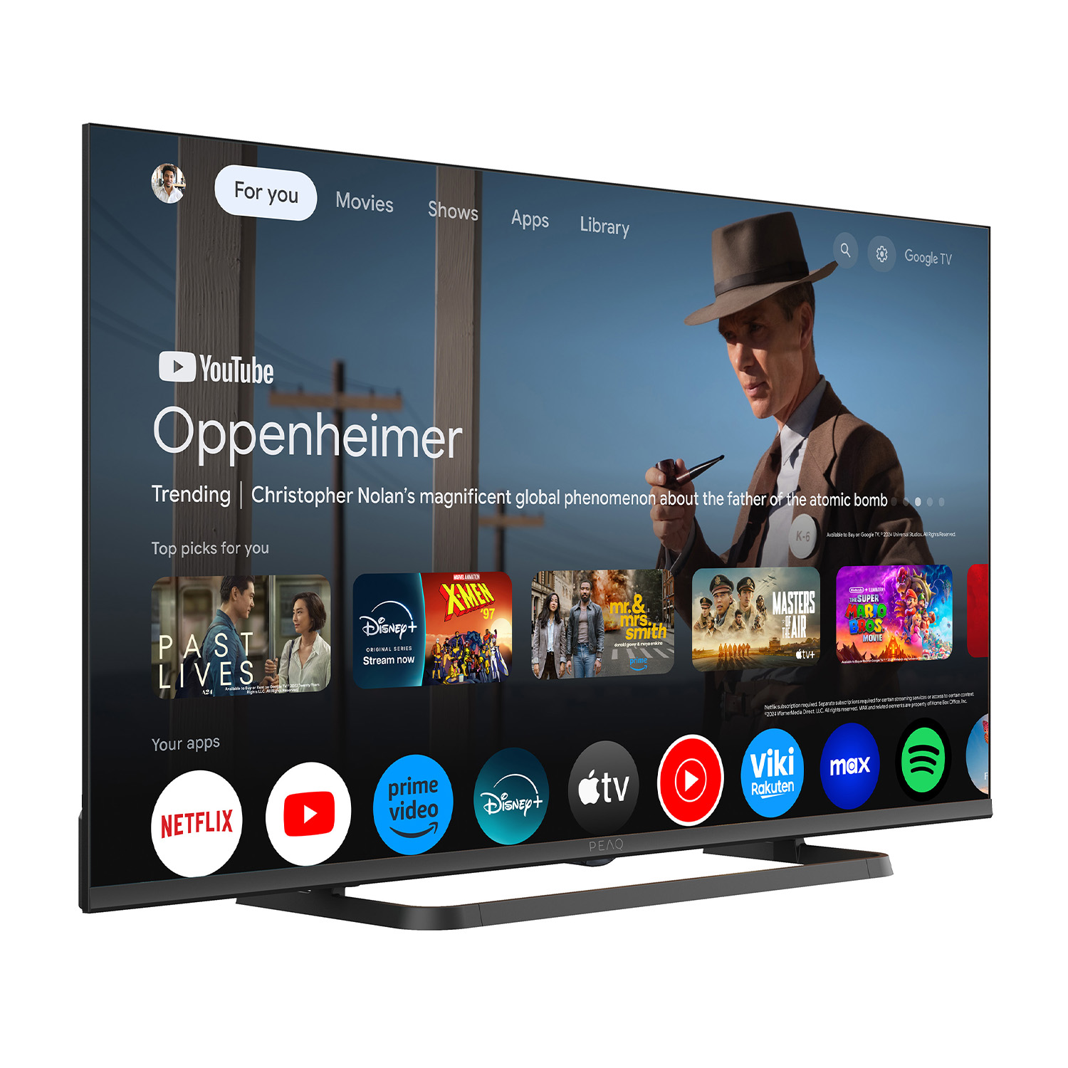 Un televisore widescreen che mostra un film con più icone di app nella parte inferiore.