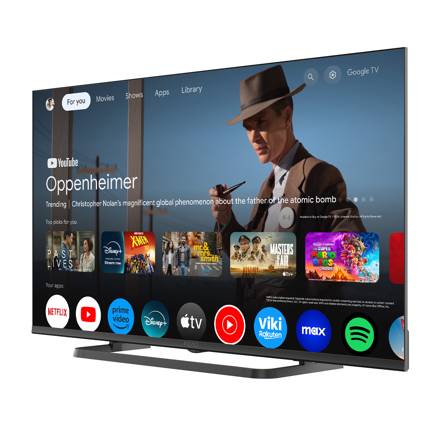 Un grande schermo TV mostra il film 'Oppenheimer'. Lo schermo mostra app come Netflix e Disney+.