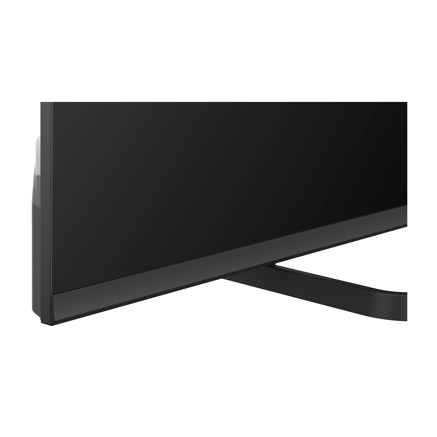Primo piano di un monitor nero con base curva e altoparlante laterale.