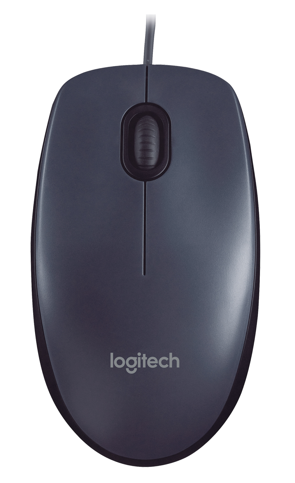 Czarna mysz Logitech na białym tle. Mysz ma kółko przewijania.