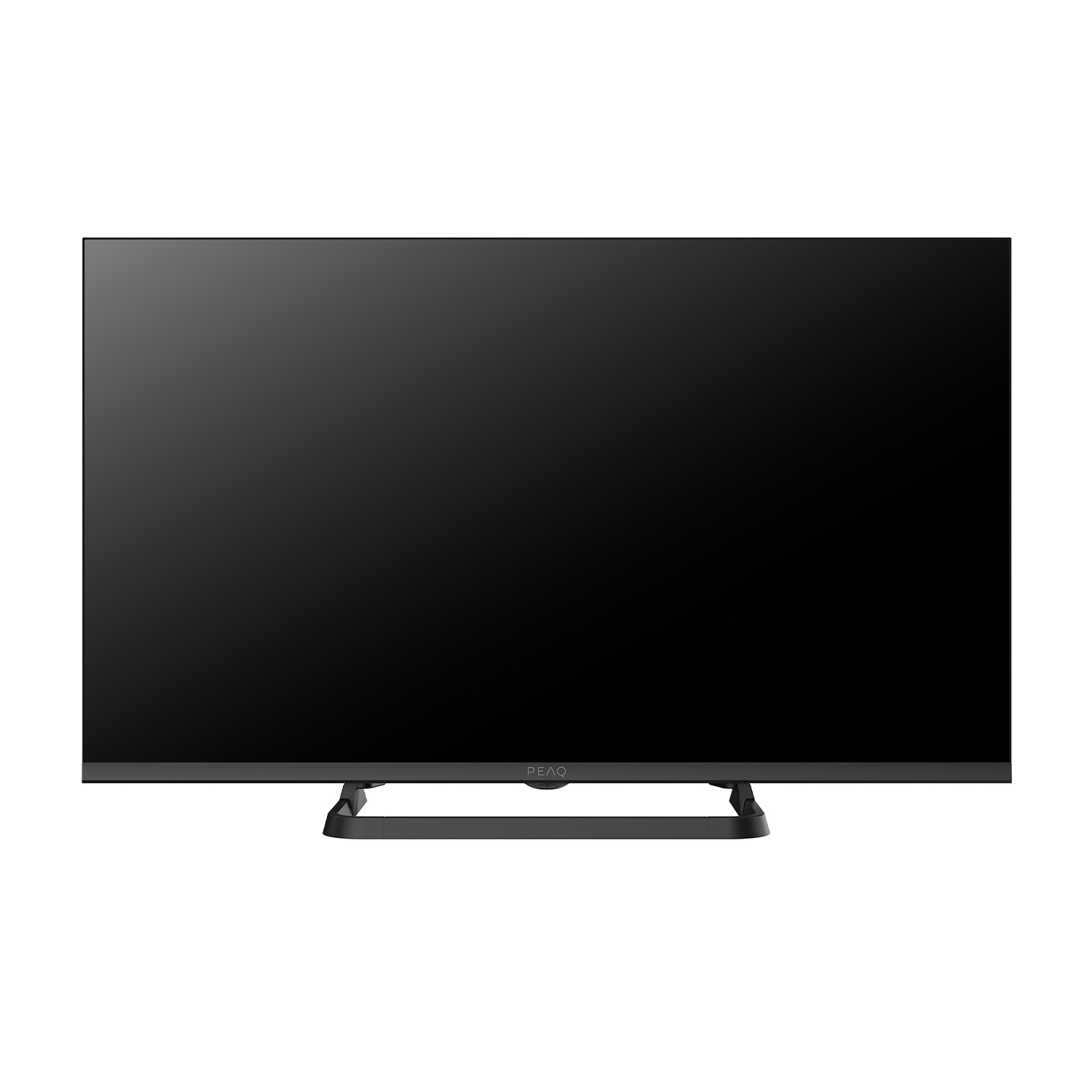Una TV a schermo piatto nera con supporto. Lo schermo è scuro, il marchio è REAQ.