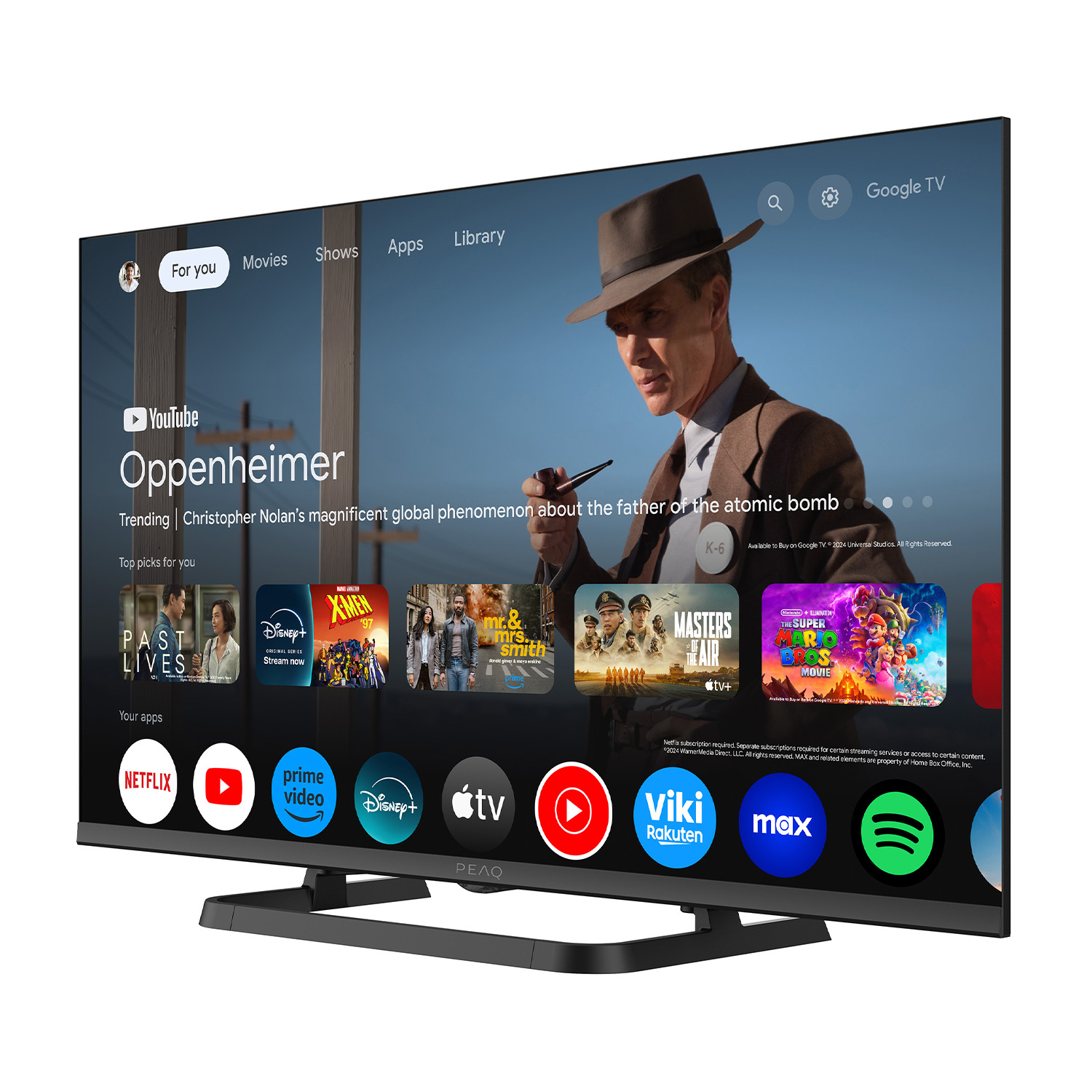 Uno schermo TV che mostra un film. La TV è nera. Ci sono app e opzioni di menu sullo schermo.