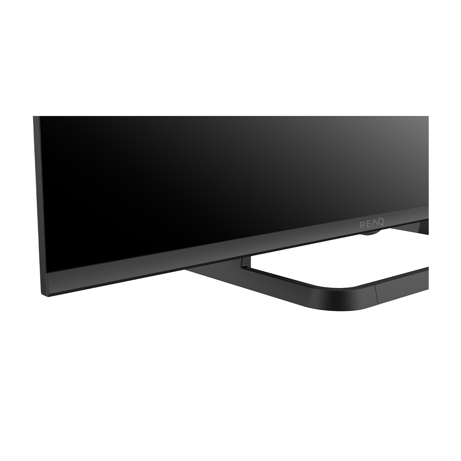Schermo TV nero con cornice e supporto neri; logo PEAQ.