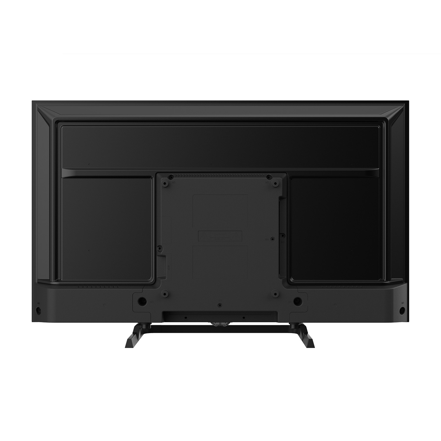 Il retro di una TV nera su un supporto, mostrando porte e punti di montaggio.
